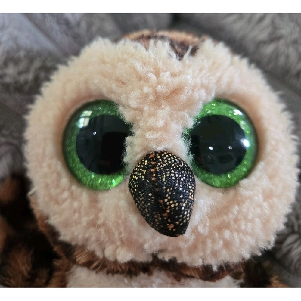Ty Beanie Boos Sammy the Owl Brown Spotted Plush Glitter‎ Green Eyes 6 inch